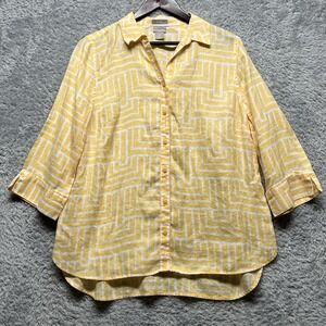 Chicos No Iron Shirt Women 2 US 12/14 Yellow White Geometric Linen Button Up Top